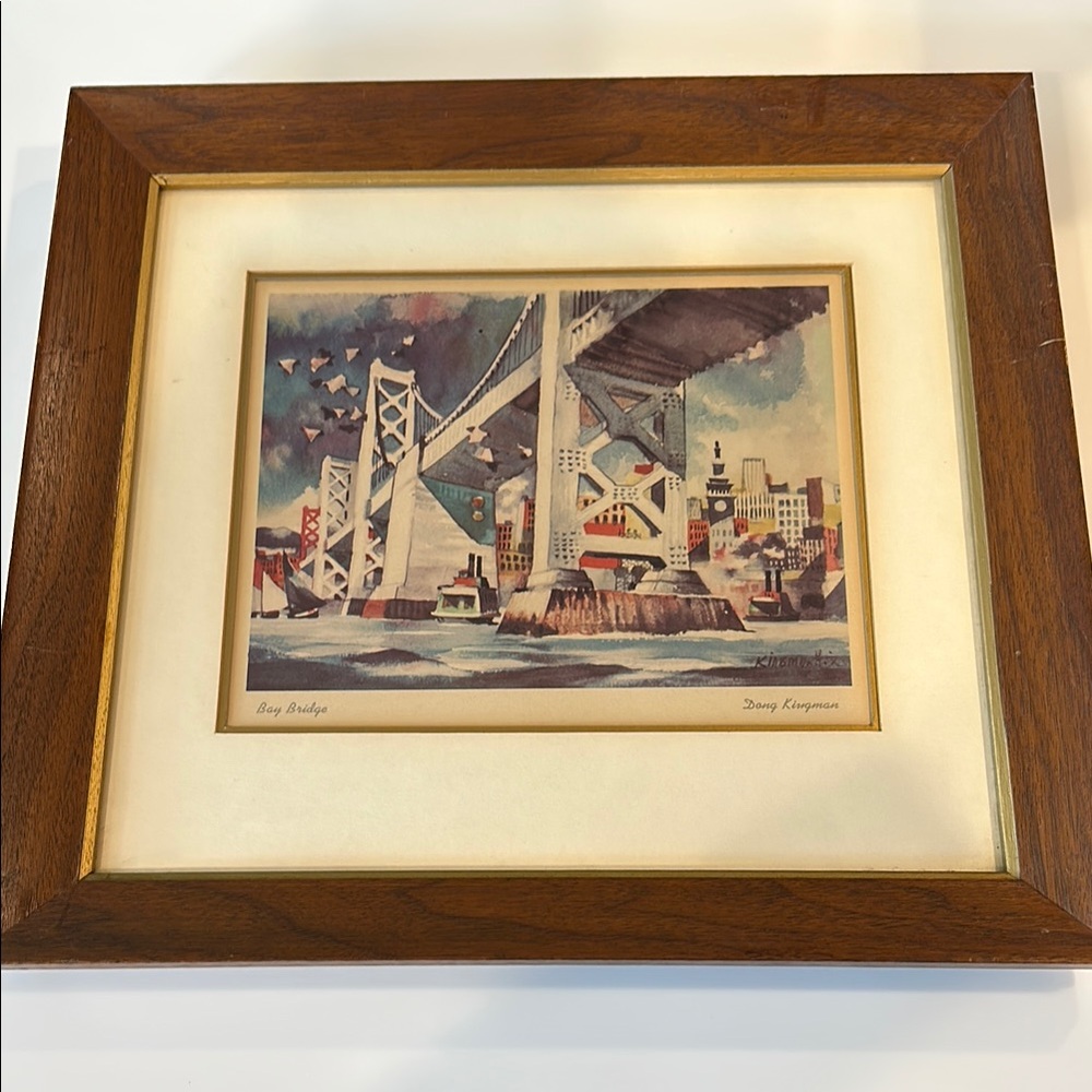 Dong Kingman Vintage Bay Bridge San Francisco Art Print in Antique Wood Frame